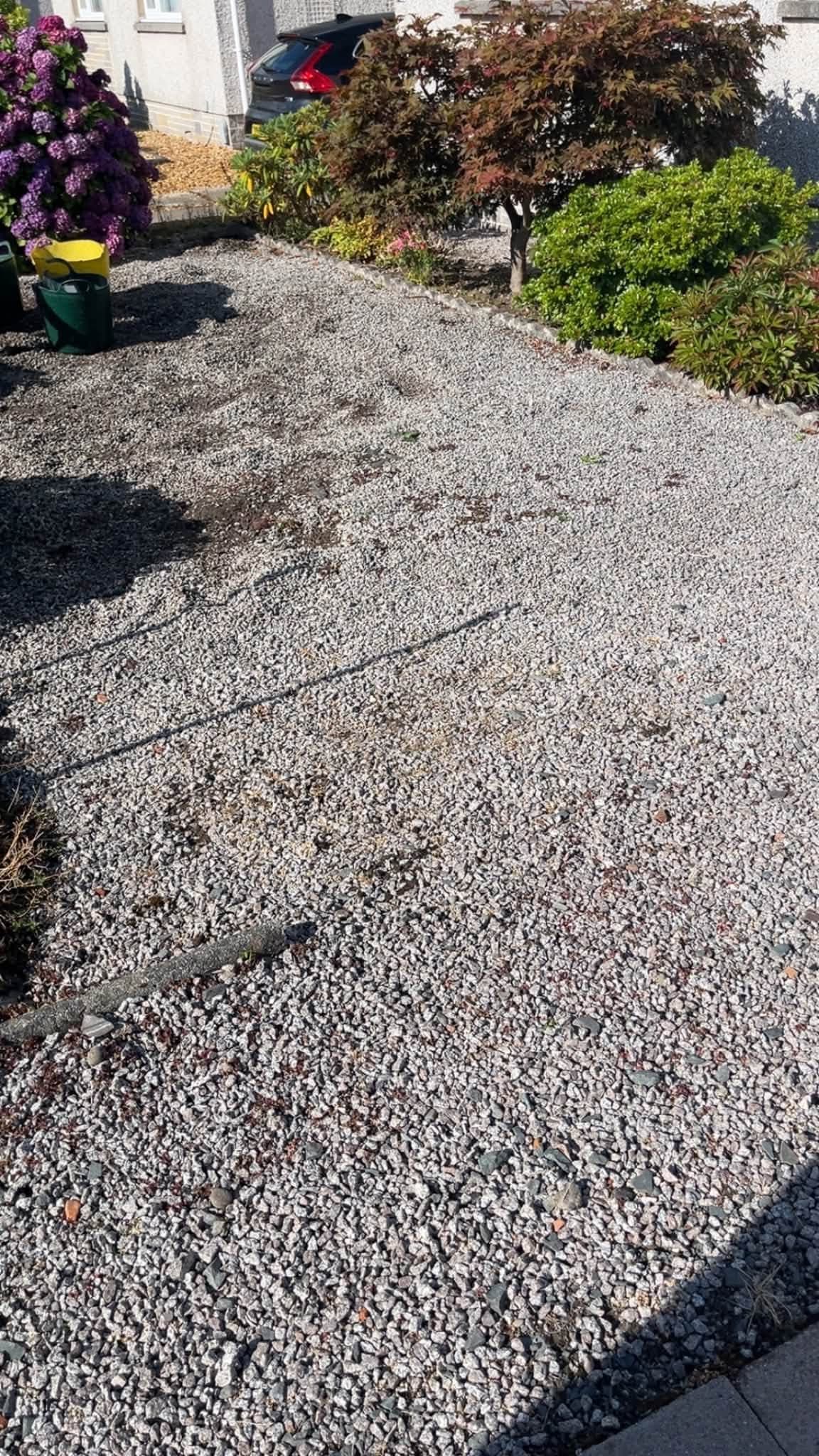 Overgrown gravel area before garden landscaping work by RML Ground Maintenance in Dumfries and Galloway